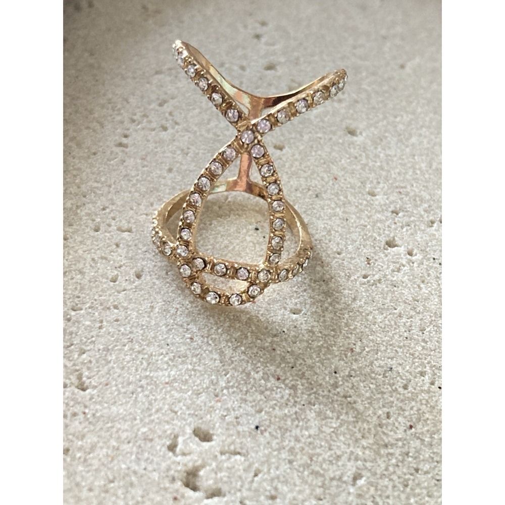 Gold Tone Clear Rhinestone Openwork Statement Ring Geometric Crossover Design